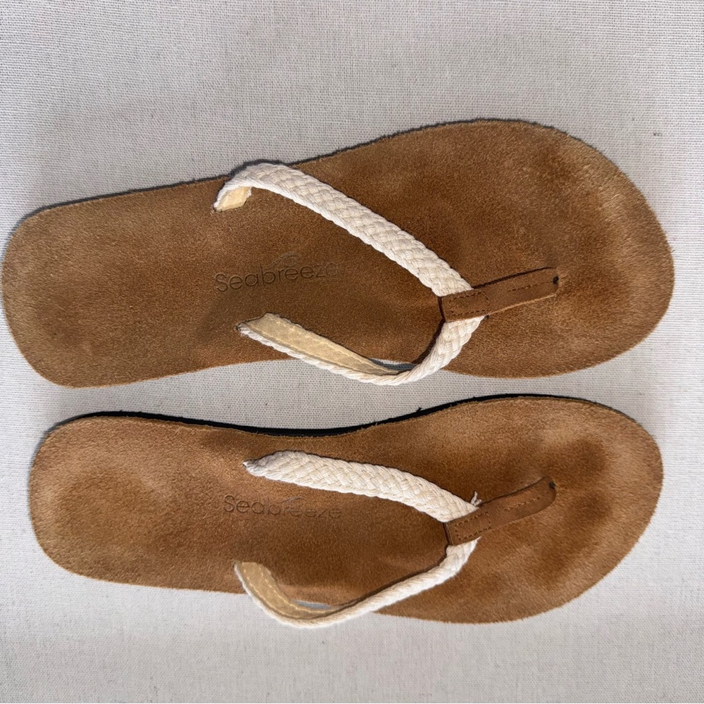 Seabreeze Leather Footbed Brown White Flip Flops 9 Arch Support